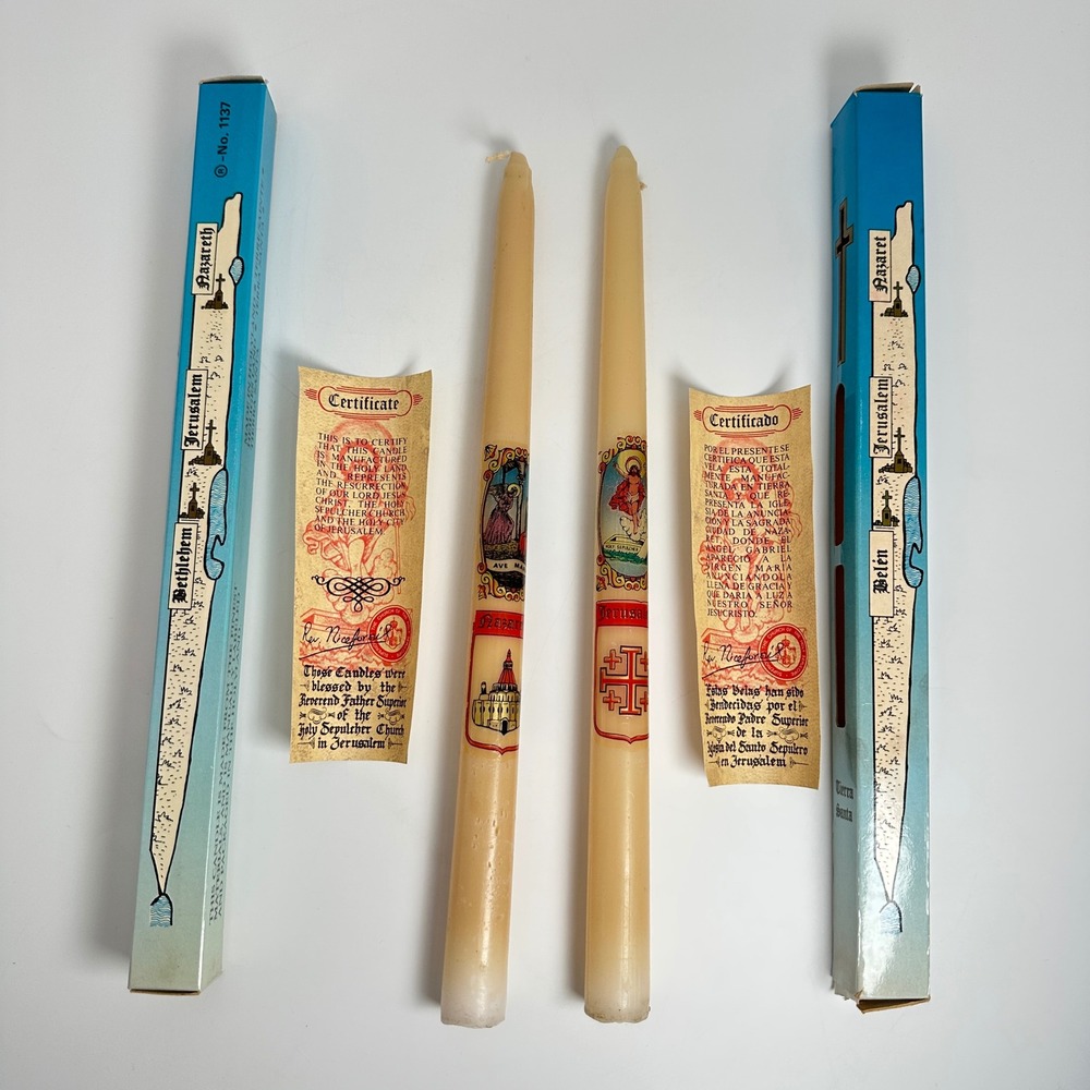 Holy Land Blessed Taper Candles Compania de Jerusalem Religious Pair Cream 12"